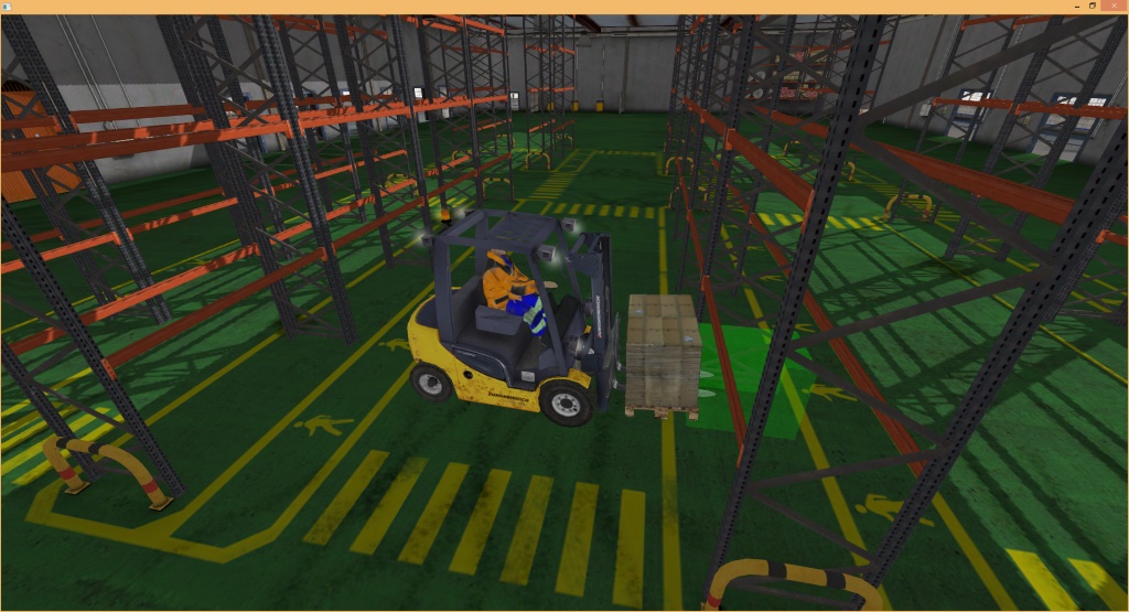 Forklift simulator working inside the warehouse