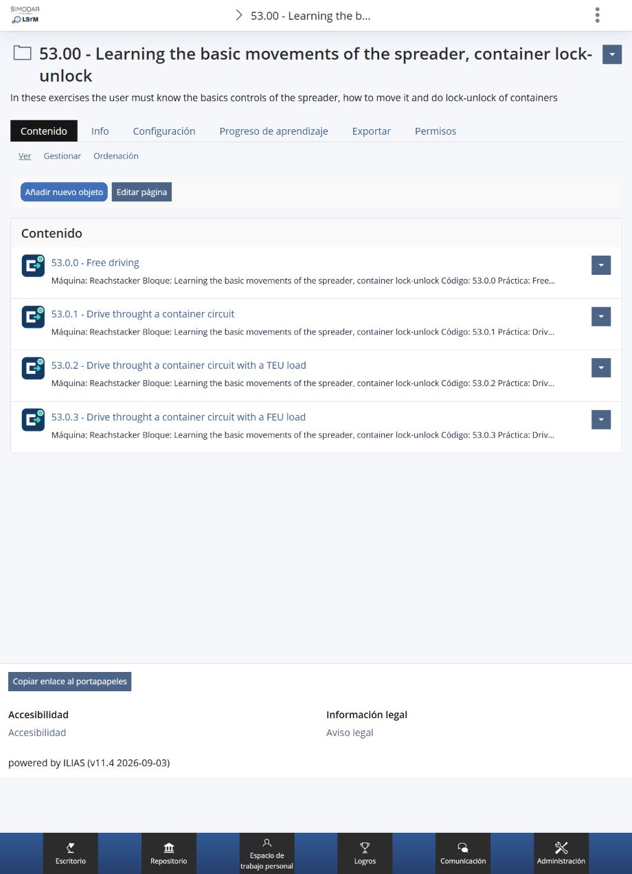 Lista de ejercicios de conducción de Reachstacker enlazados con el simulador desde ILIAS