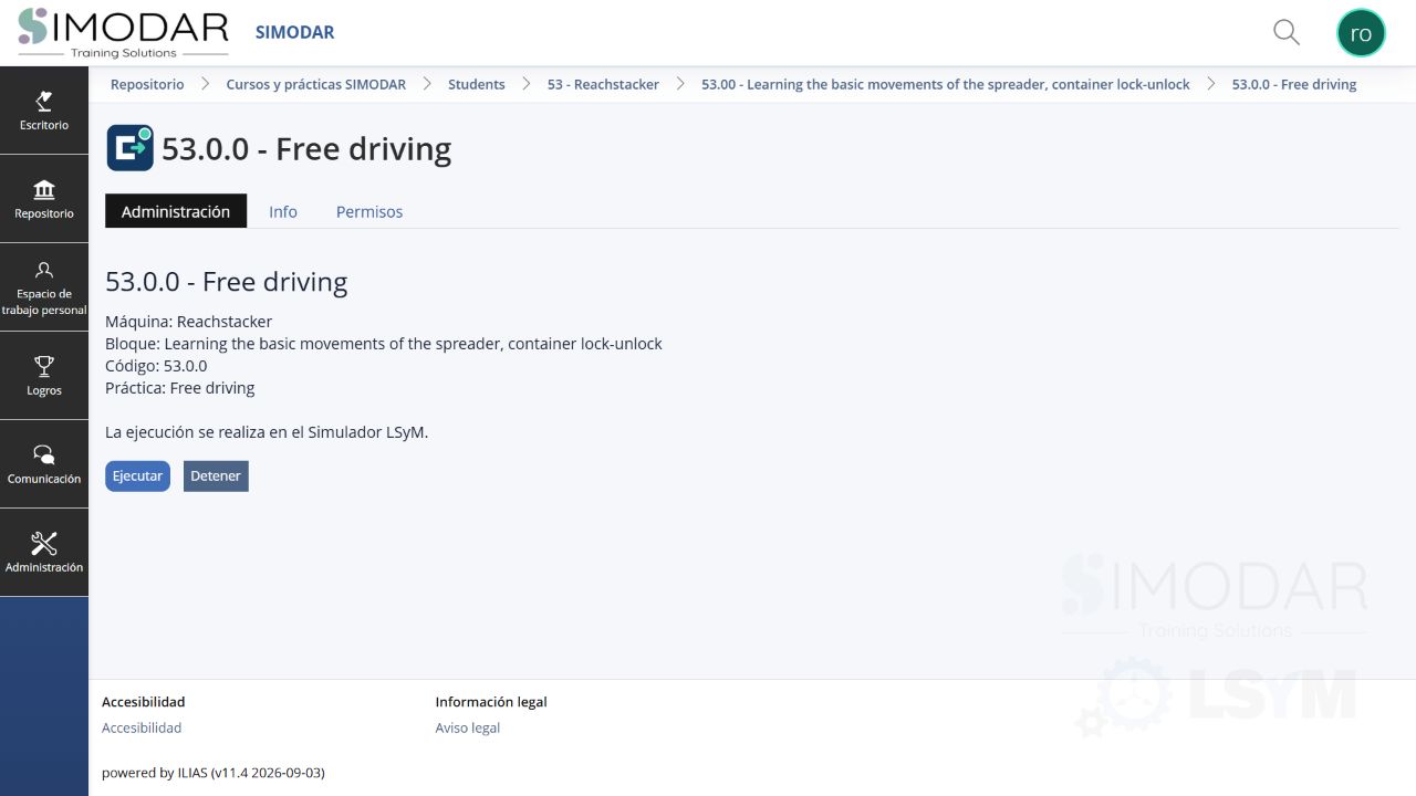 Ficha de una práctica SIMODAR en ILIAS con botones para ejecutar y detener el ejercicio