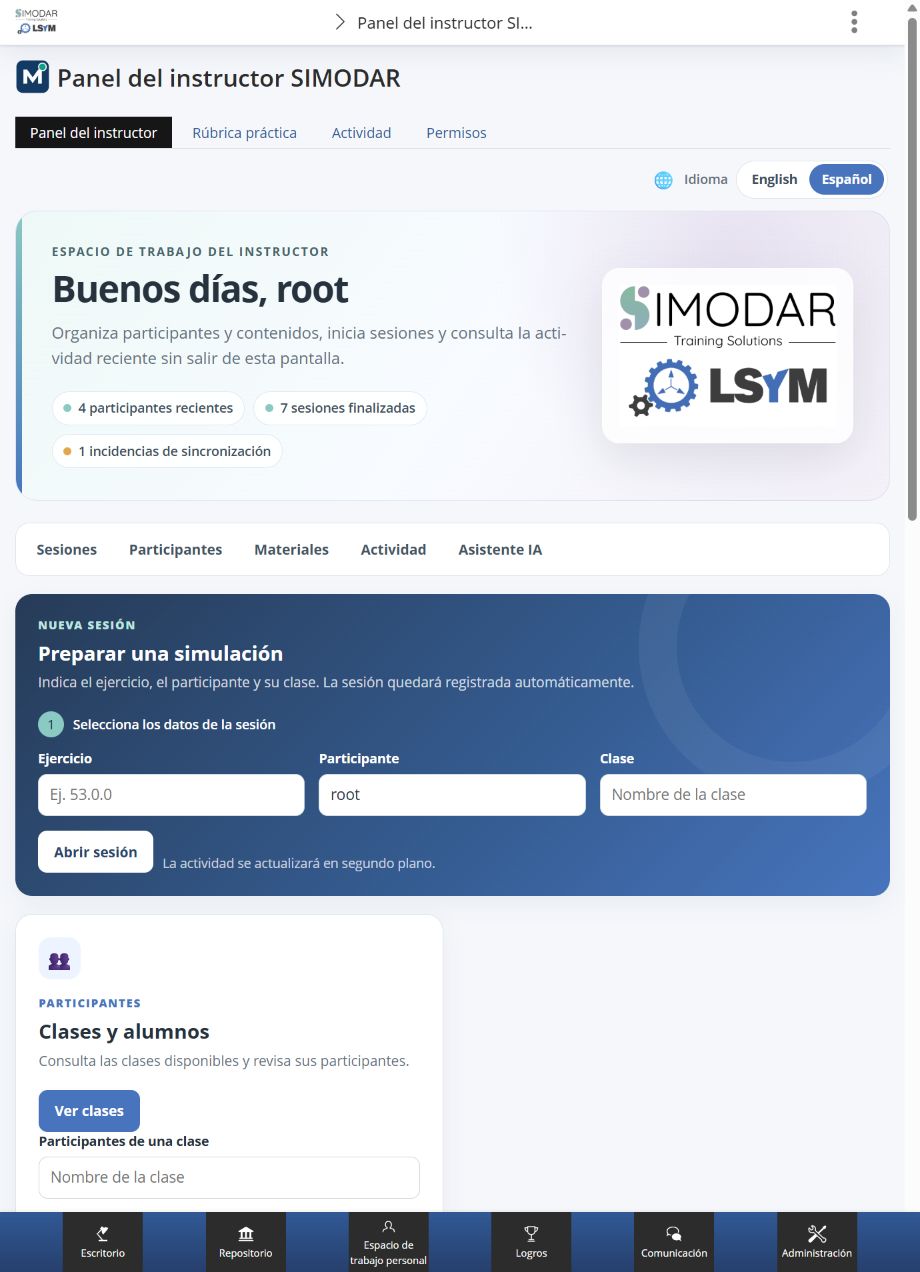 Panel del instructor SIMODAR integrado en ILIAS con resumen de participantes, sesiones, incidencias y preparación de una simulación