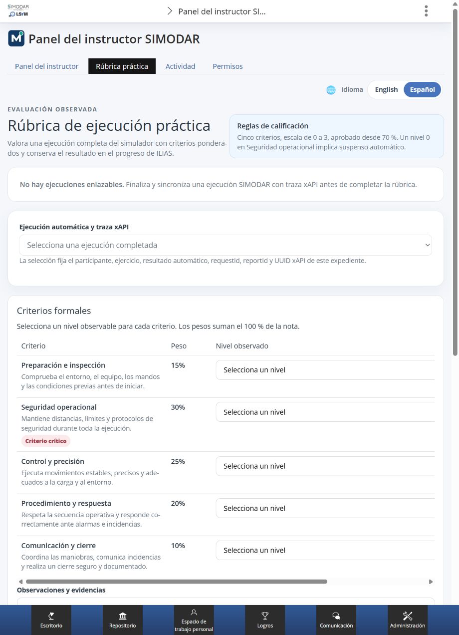 Rúbrica de ejecución práctica con cinco criterios ponderados y seguridad operacional como criterio crítico