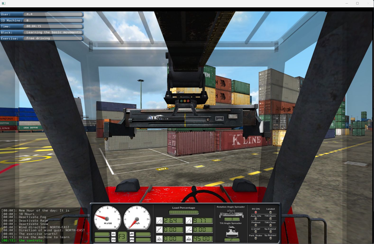 Vista desde la cabina de un Reachstacker en el simulador LSyM durante un ejercicio de conducción libre